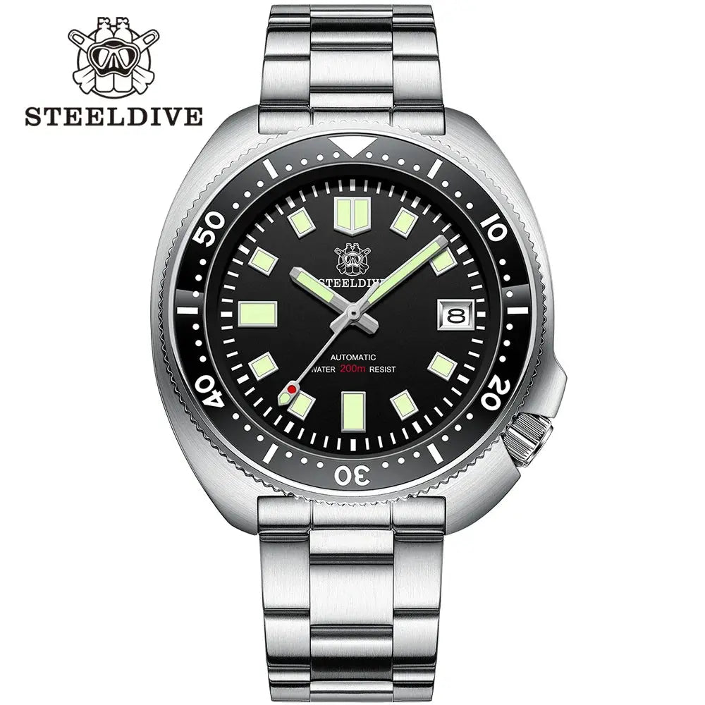 Steeldive SD1970 automatic dive watch with stainless steel band and black dial from Alcom Distribution