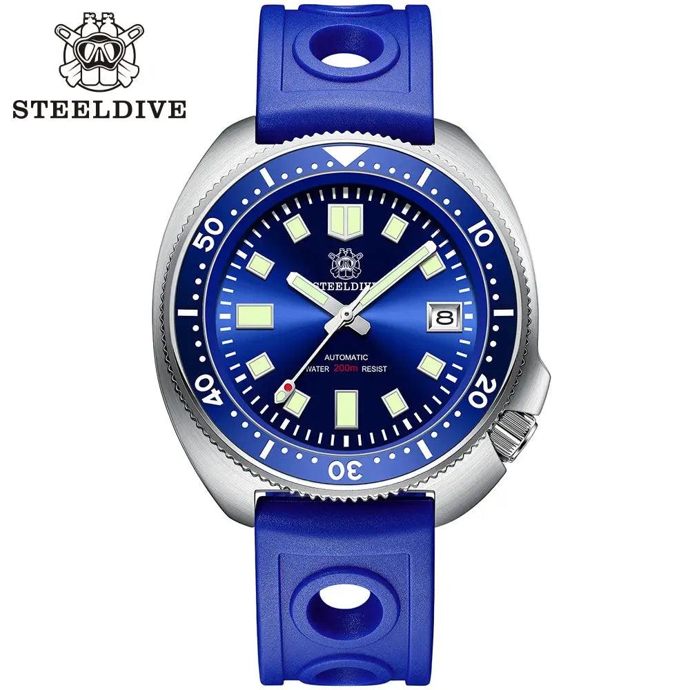 Steeldive SD1970 automatic dive watch with blue dial and blue rubber strap by Alcom Distribution