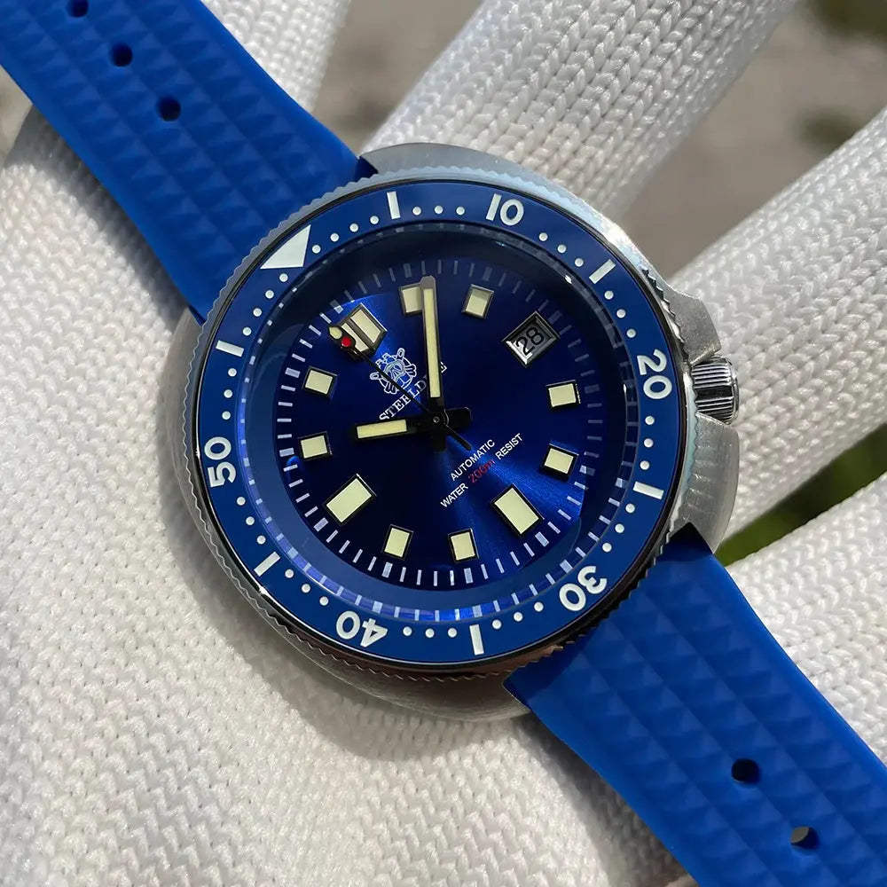 Steeldive SD1970 automatic dive watch with blue dial and blue silicone strap by Alcom Distribution