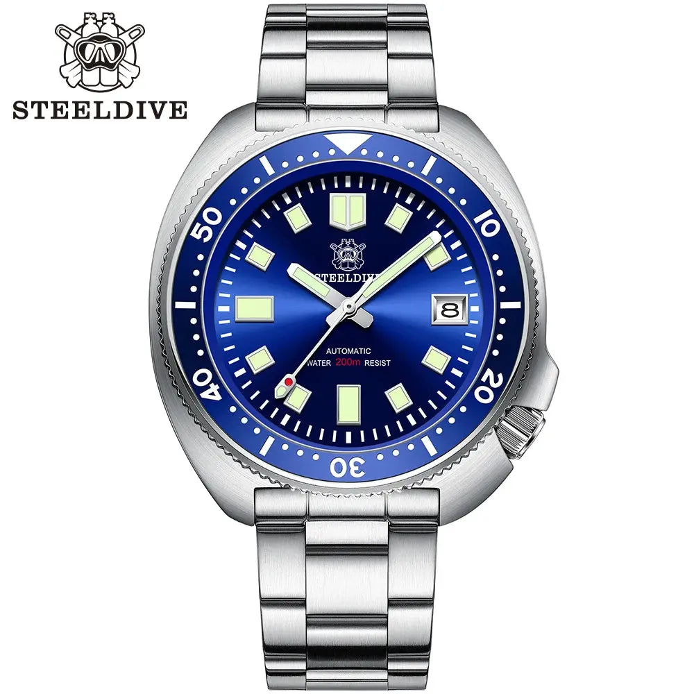 Steeldive SD1970 automatic dive watch with blue dial and stainless steel bracelet by Alcom Distribution