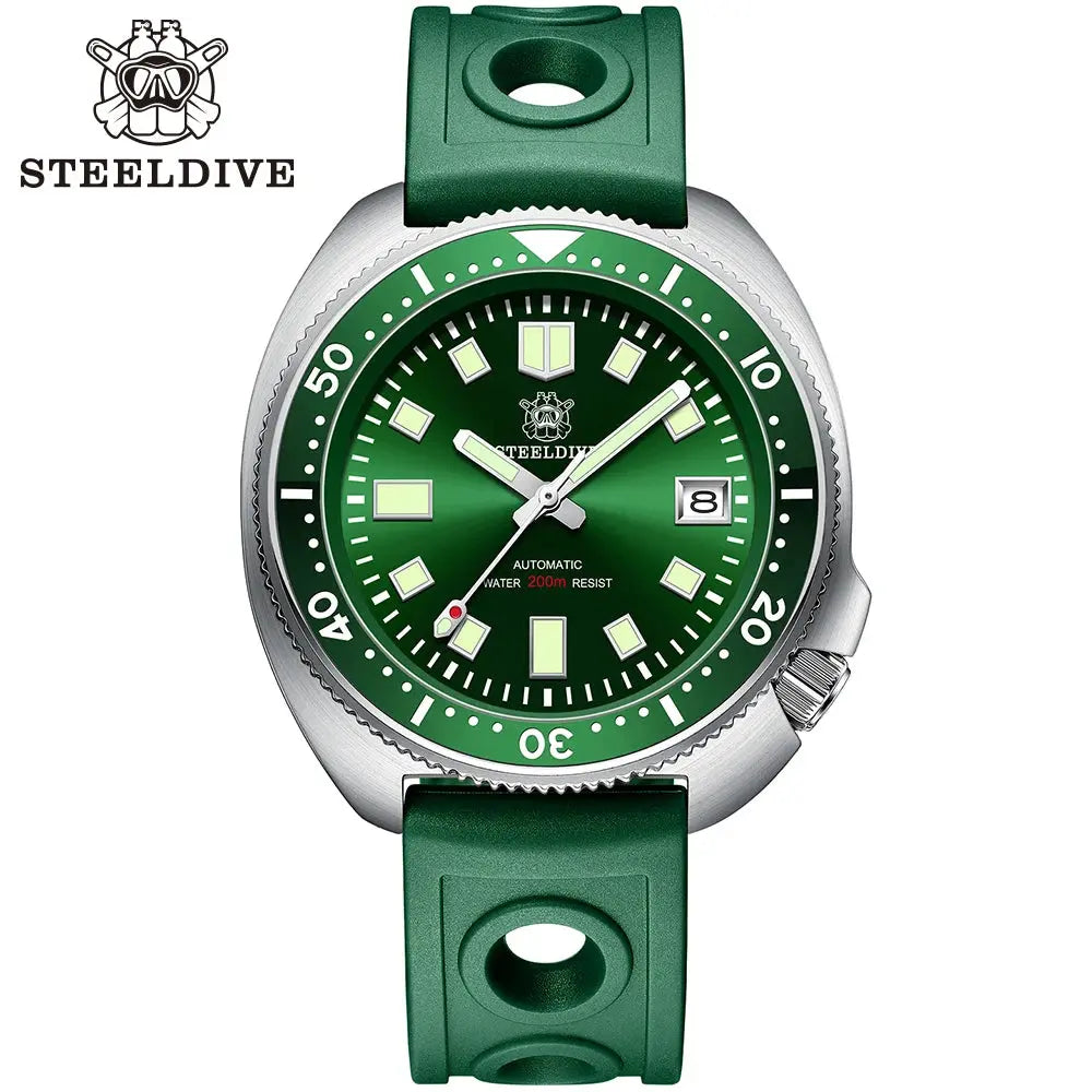 Steeldive SD1970 automatic dive watch with green dial and green rubber strap by Alcom Distribution