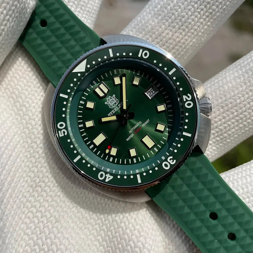 Steeldive SD1970 automatic dive watch with green dial and strap, stainless steel case by Alcom Distribution