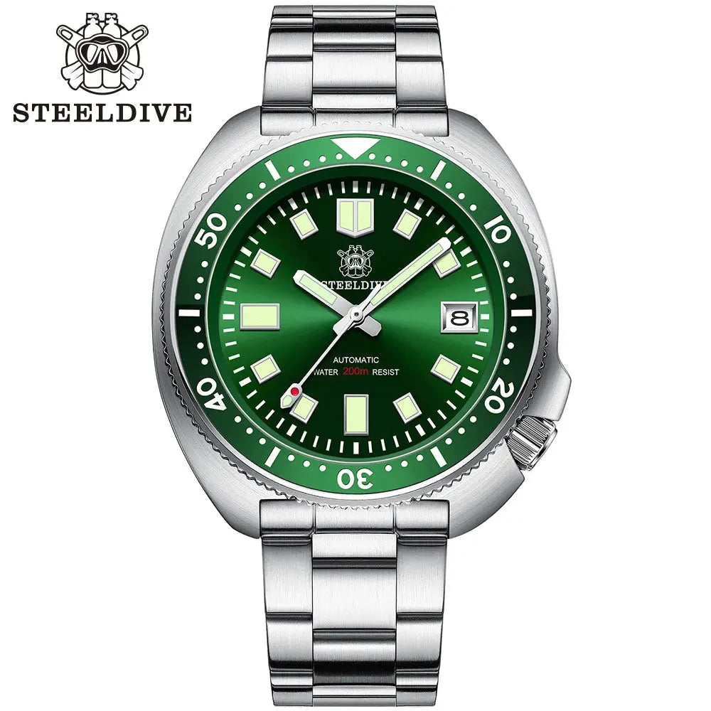 Steeldive SD1970 automatic dive watch with green dial and stainless steel bracelet by Alcom Distribution