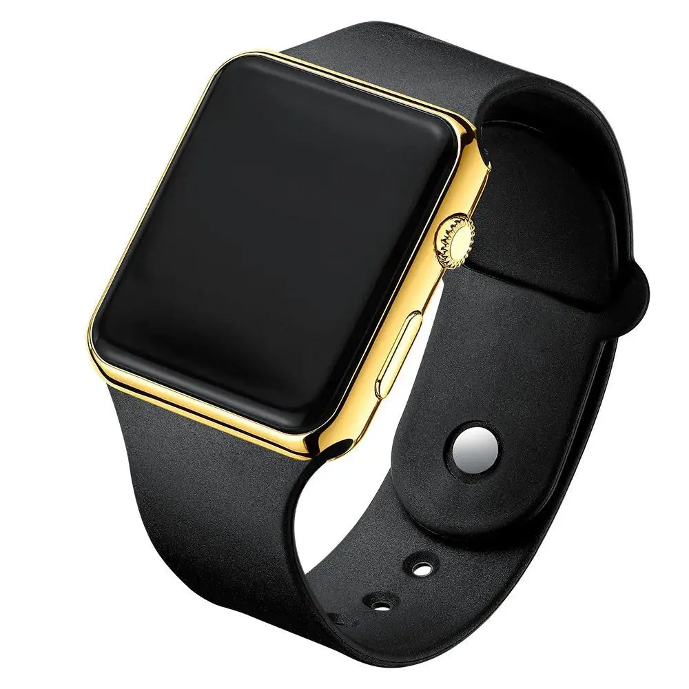 Alcom Distribution simple fashion digital watch with gold case, black silicone strap and blank display
