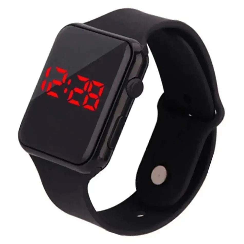 Alcom Distribution simple fashion digital watch black silicone band with red LED display rectangular face
