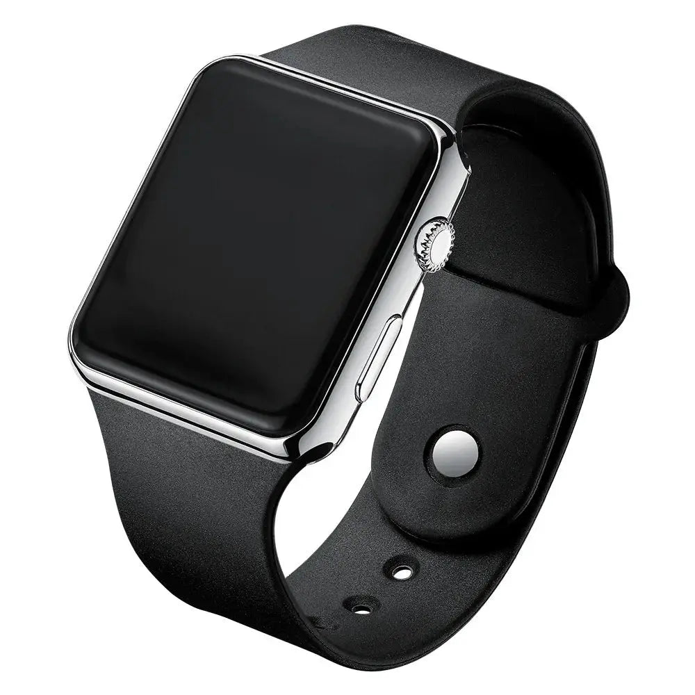 Alcom Distribution rectangular black smartwatch with chrome bezel and silicone band simple fashion digital watch