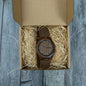 Stylish wood wristwatch for men with brown leather strap in a rustic gift box