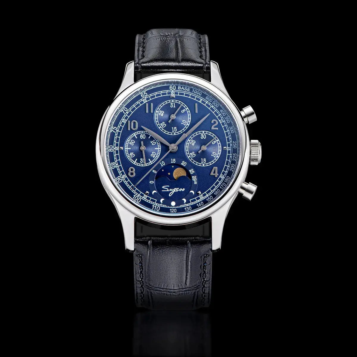 Sugess mechanical chronograph watch with blue dial and black leather strap by Alcom Distribution