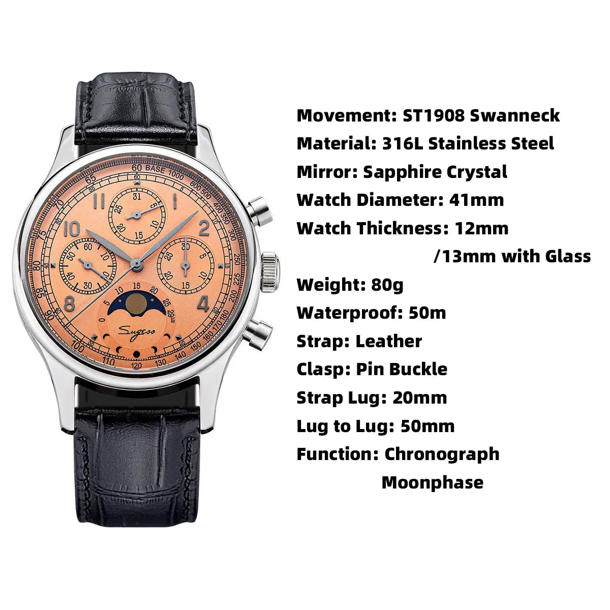 Sugess mechanical chronograph watch with rose gold dial, black leather strap, and moonphase function