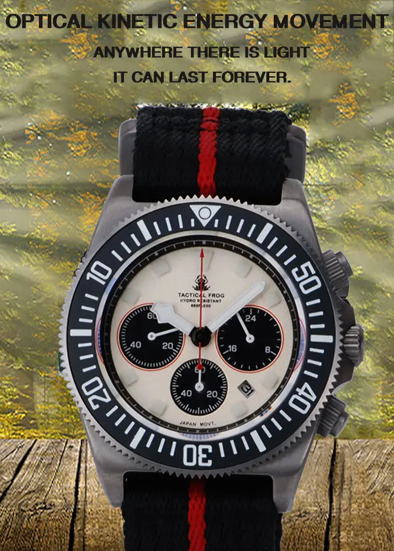 Titanium diving watch with optical kinetic energy movement, featuring a durable design and water resistance