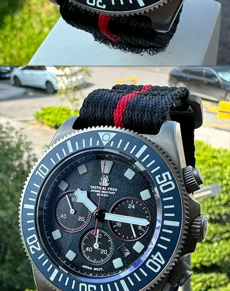 Titanium diving watch featuring a black dial and durable fabric strap for underwater adventures