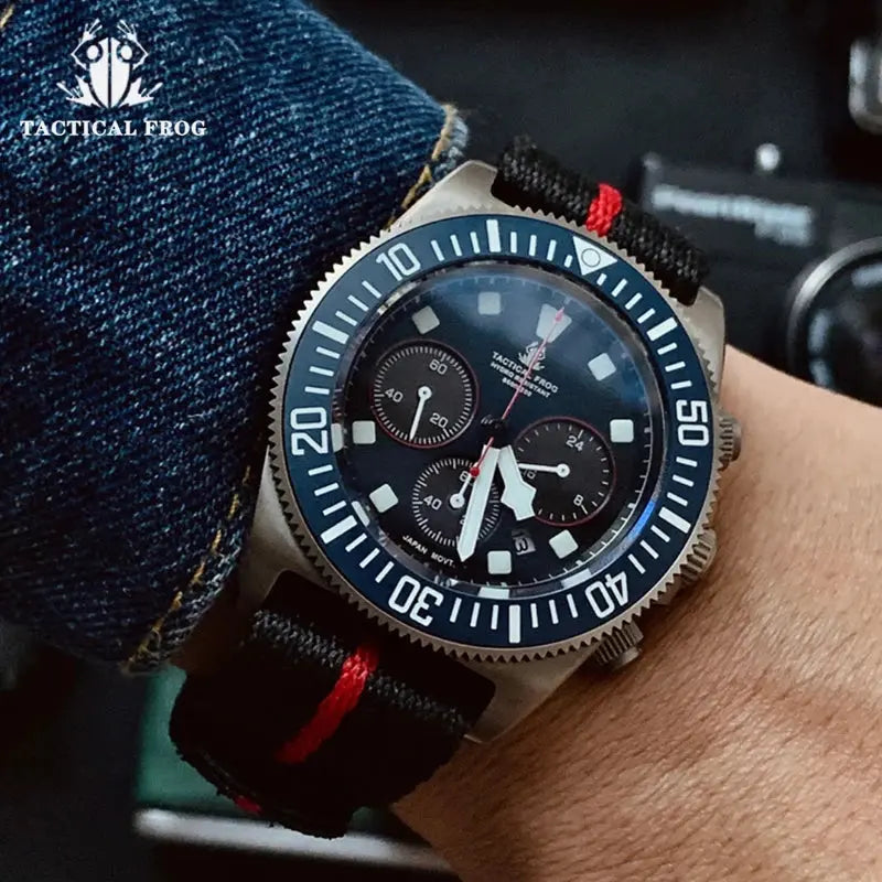 Titanium diving watch with black dial and red accents on durable strap for marine adventures