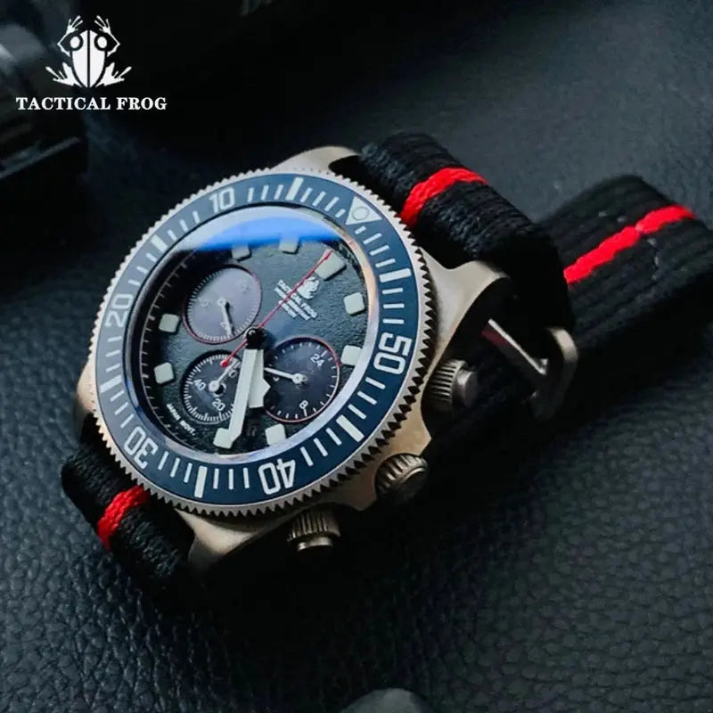 Alcom Distribution titanium diving watch with a black and red strap and chronograph functionality