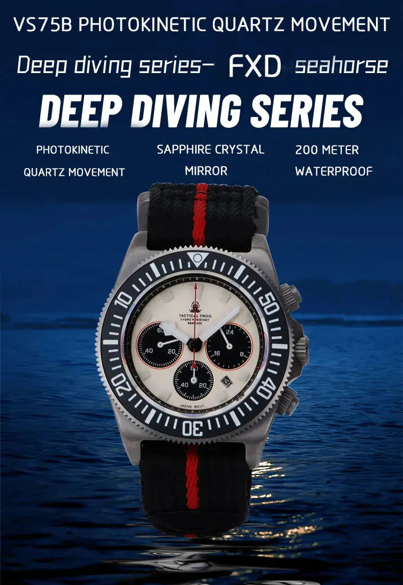 Titanium diving watch with photokinetic quartz movement and 200-meter waterproof capability