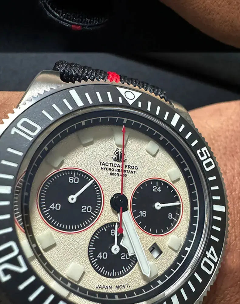 Tactical Frog titanium diving watch with chronograph features and black dial accents