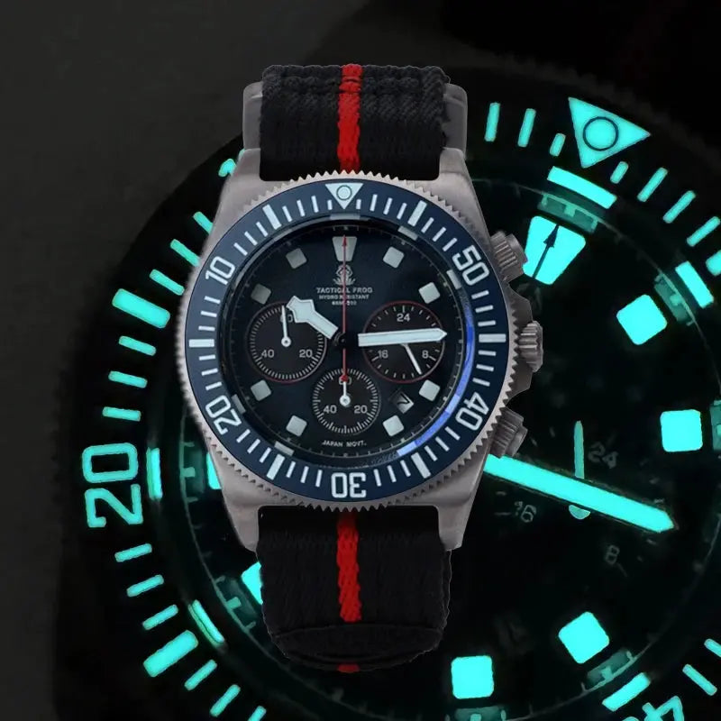 Titanium diving watch with luminous dial and black strap for underwater adventures