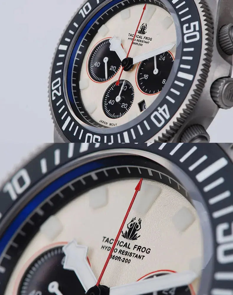 Tactical Frog titanium diving watch with chronograph features and water resistance up to 200 meters