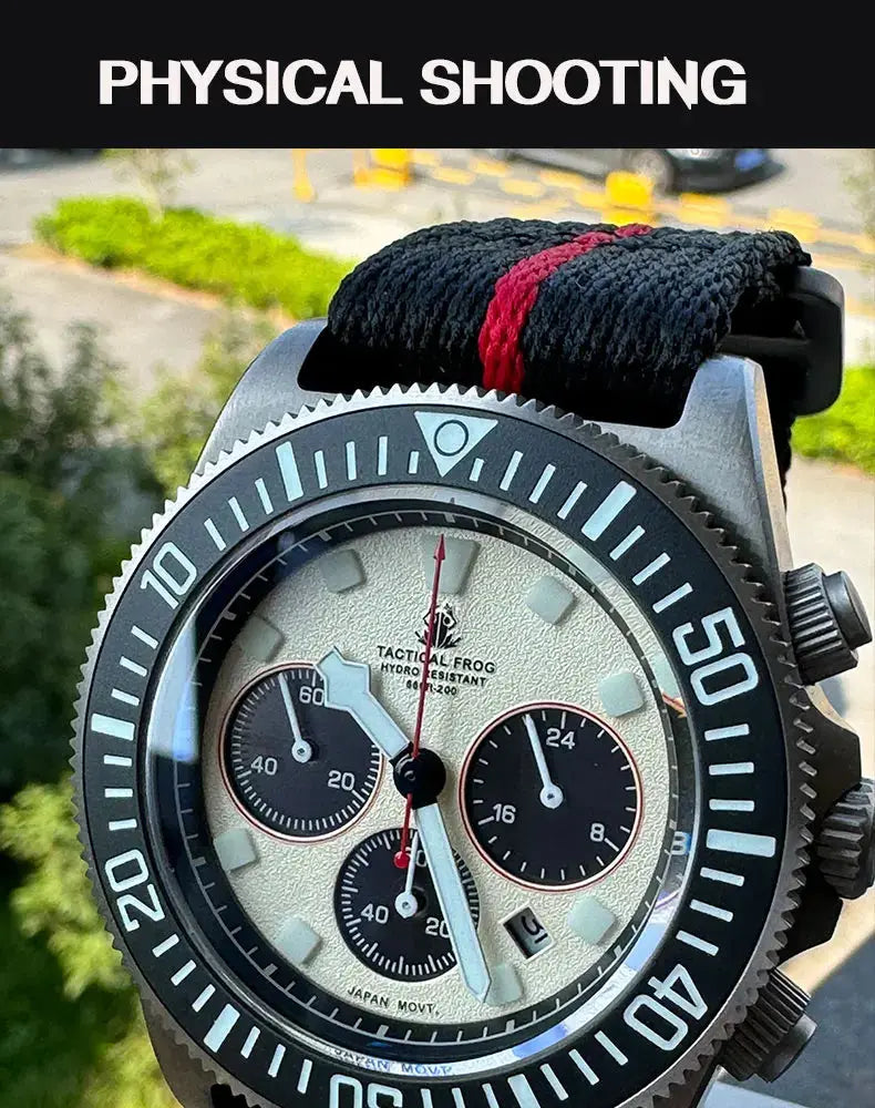 Titanium diving watch with bold black strap and dual chronograph for diving enthusiasts