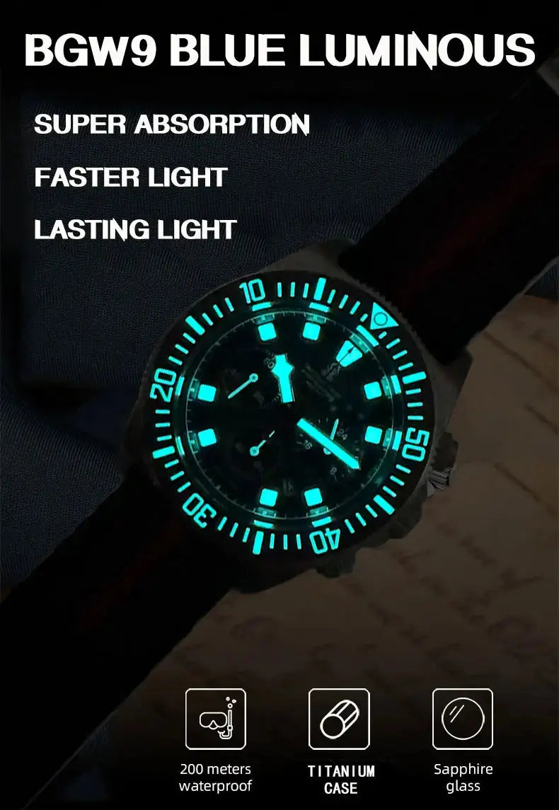 Titanium diving watch with blue luminous features, waterproof up to 200 meters and durable titanium case