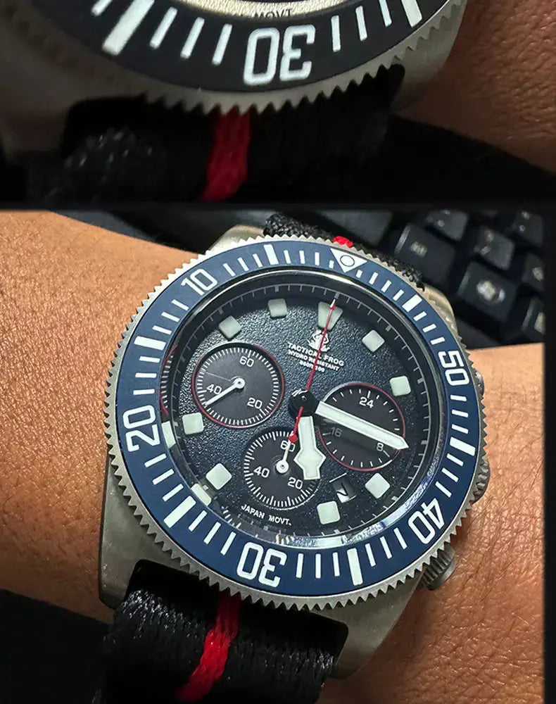 Titanium diving watch with black dial and luminous markers on a durable strap