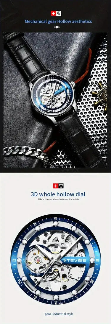 Alcom Distribution luxury skeleton mechanical watch for men with blue accented openwork dial black leather strap