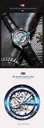 Alcom Distribution luxury skeleton mechanical watch for men with blue accented openwork dial black leather strap