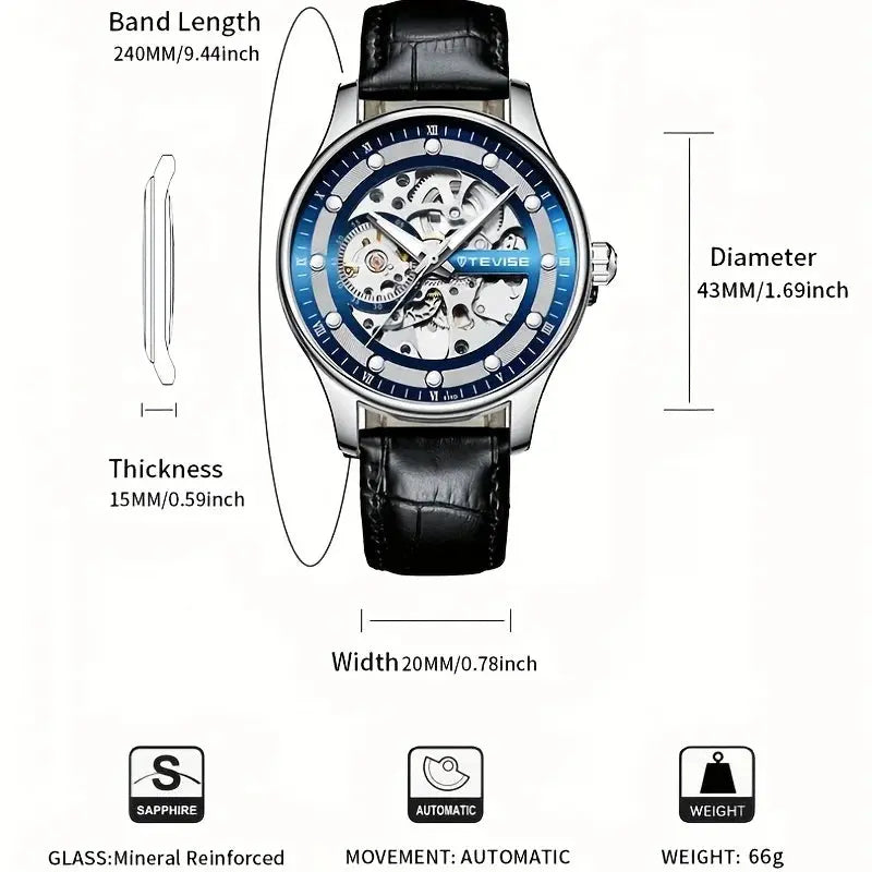 Alcom Distribution luxury skeleton mechanical watch for men silver case blue skeleton dial black leather strap 43mm automatic