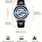 Alcom Distribution luxury skeleton mechanical watch for men silver case blue skeleton dial black leather strap 43mm automatic