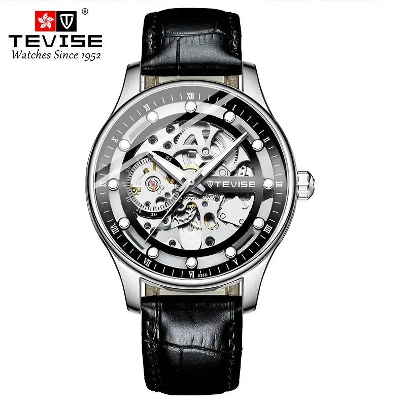 Alcom Distribution luxury skeleton mechanical watch for men Tevise stainless steel case black leather strap
