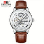Alcom Distribution Tevise luxury skeleton mechanical watch for men with silver case and brown leather strap