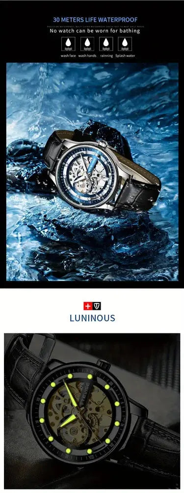 Alcom Distribution luxury skeleton mechanical watch for men with black leather strap luminous markers and 30m water resistance