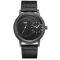 Minimalist men's leather watch by Alcom Distribution with black dial and black leather strap