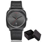Minimalist men's leather watch with black square dial and black leather strap by Alcom Distribution