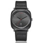 Minimalist men's leather watch with black square dial and black stitched leather strap by Alcom Distribution