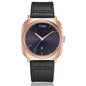 Minimalist men's leather watch with black strap and rose gold square case by Alcom Distribution