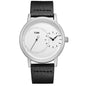Minimalist men's leather watch by Alcom Distribution with white dial and black leather strap