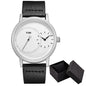 Minimalist men's leather watch by Alcom Distribution with black leather strap and sleek white dial