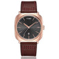 Minimalist men's leather watch with brown strap and rose gold square case by Alcom Distribution