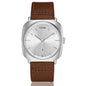 Alcom Distribution minimalist men's leather watch with silver square dial and brown leather strap