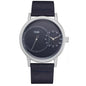 Minimalist men's leather watch by Alcom Distribution with black dial and silver case
