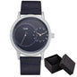 Minimalist men's leather watch with black dial and silver case from Alcom Distribution with black gift box