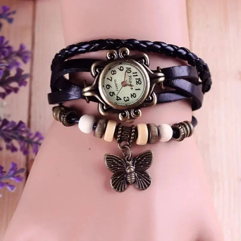 Alcom Distribution vintage butterfly bracelet watch with black braided leather straps and decorative beads