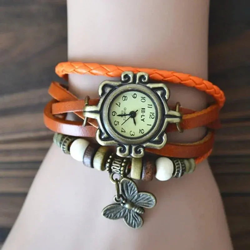 Alcom Distribution vintage butterfly bracelet watch with orange braided leather and decorative beads
