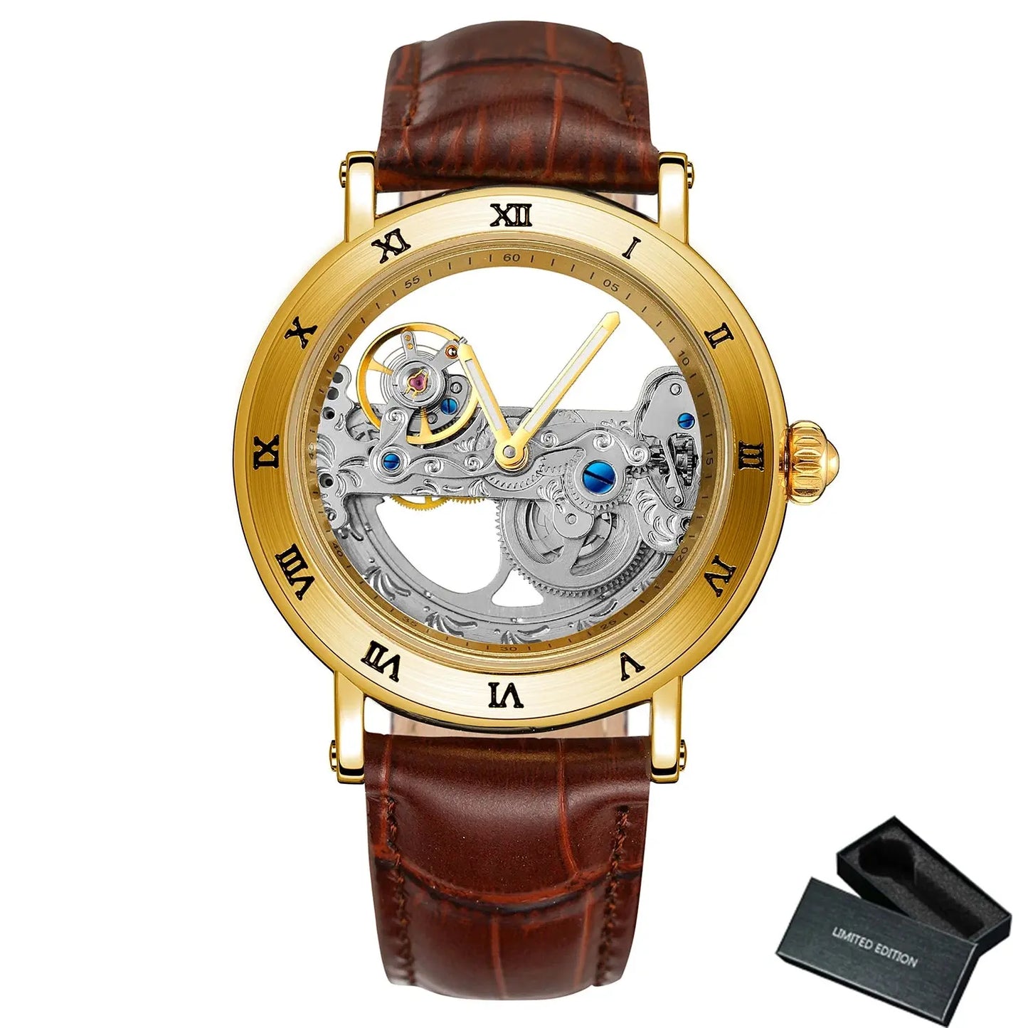 Vintage golden skeleton watch with brown leather strap and Roman numerals on gold dial