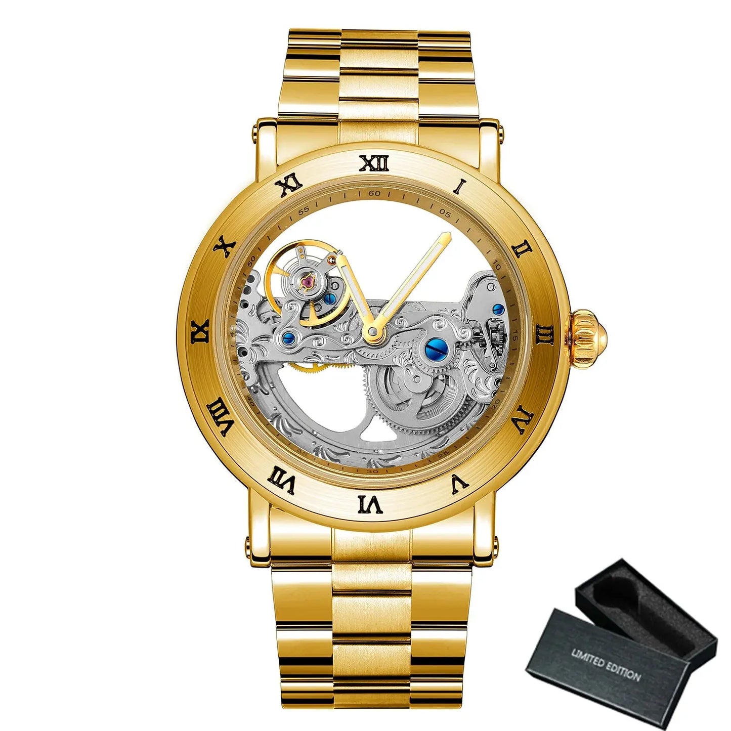 Vintage golden skeleton watch by Alcom Distribution with gold bracelet and limited edition box