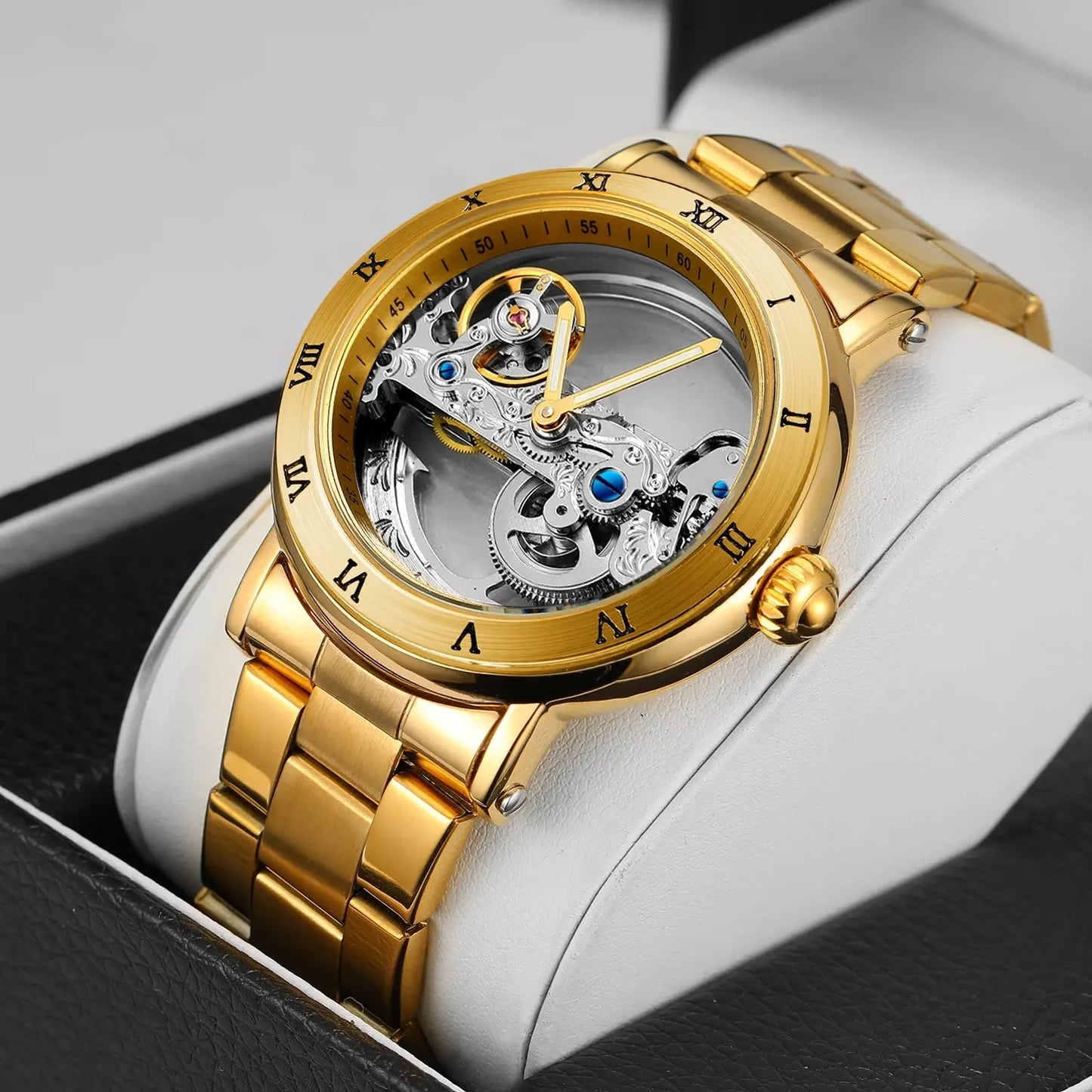 Vintage golden skeleton watch by Alcom Distribution with intricate mechanical design and gold metal band