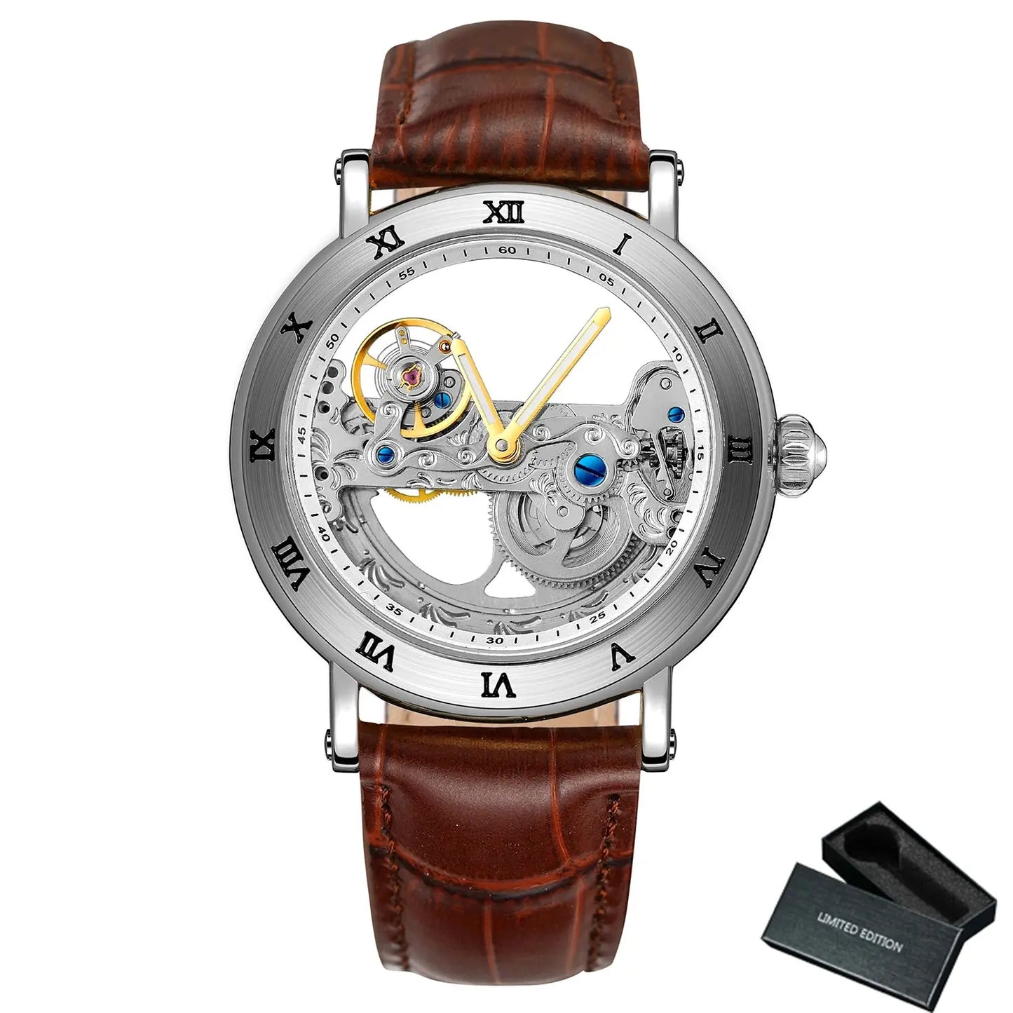 Alcom Distribution vintage golden skeleton watch with silver case and brown leather strap in limited edition box
