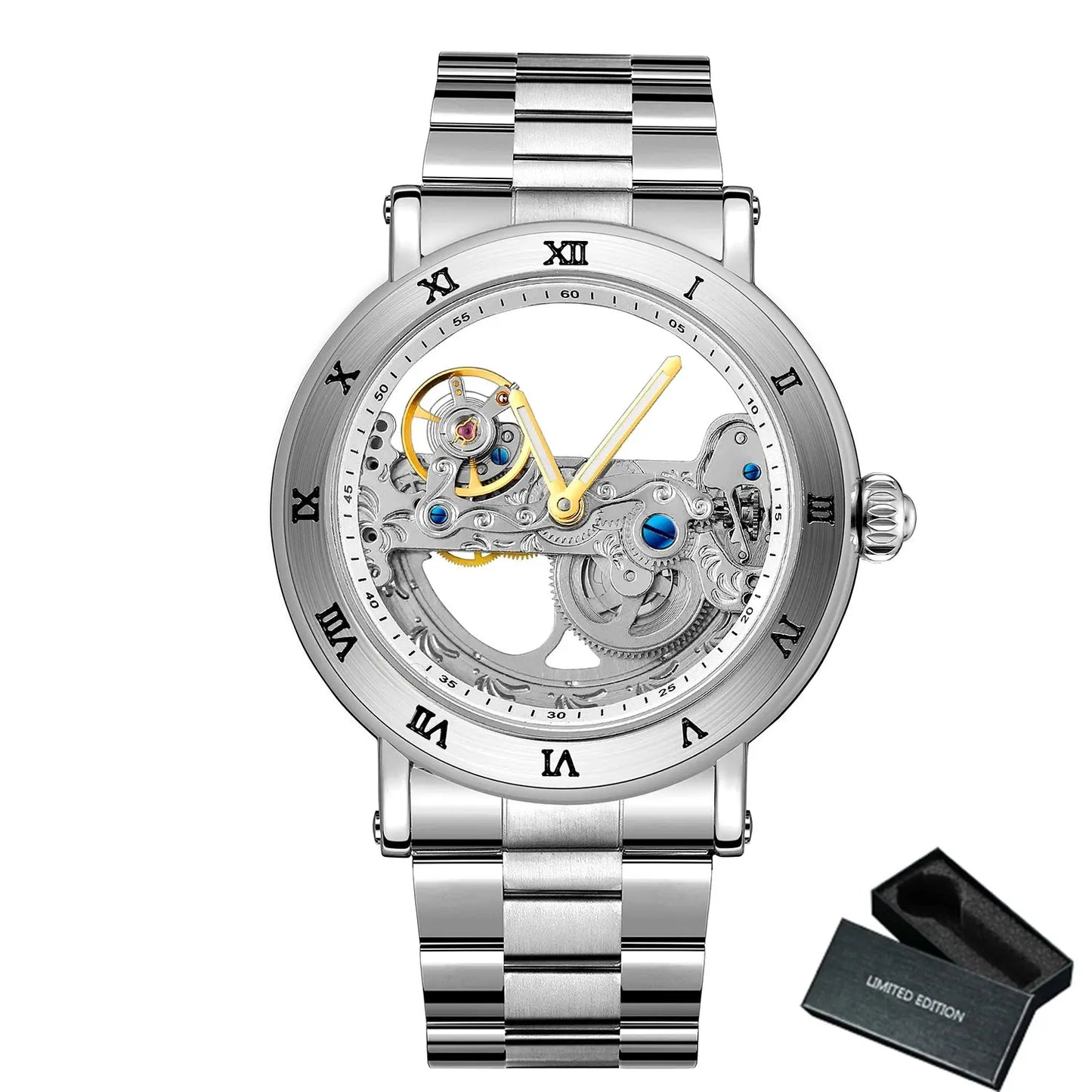 Alcom Distribution vintage golden skeleton watch with silver metal band and visible mechanical gears