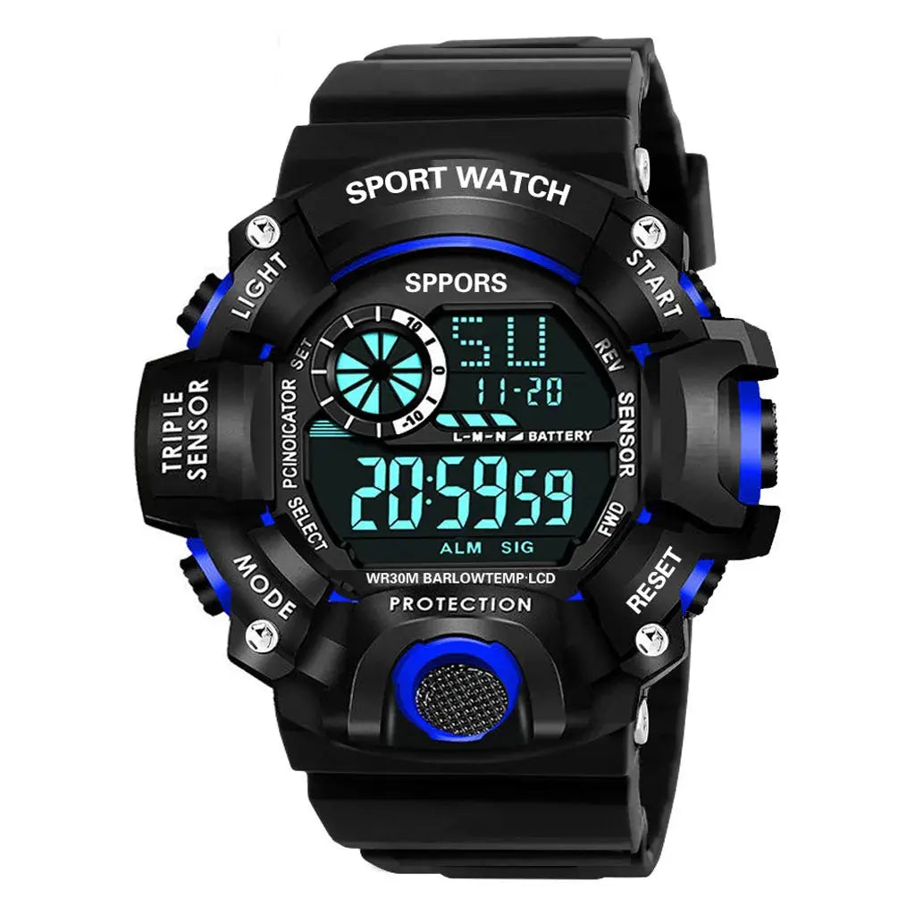 Alcom Distribution waterproof chronograph sports watch with black and blue digital display and multiple function buttons