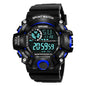 Alcom Distribution waterproof chronograph sports watch with black and blue digital display and multiple function buttons